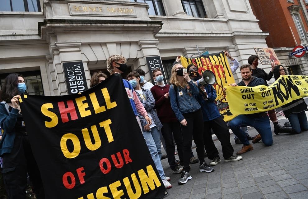 UKSCN climate activists protesting against Shell in front of the Science Museum.