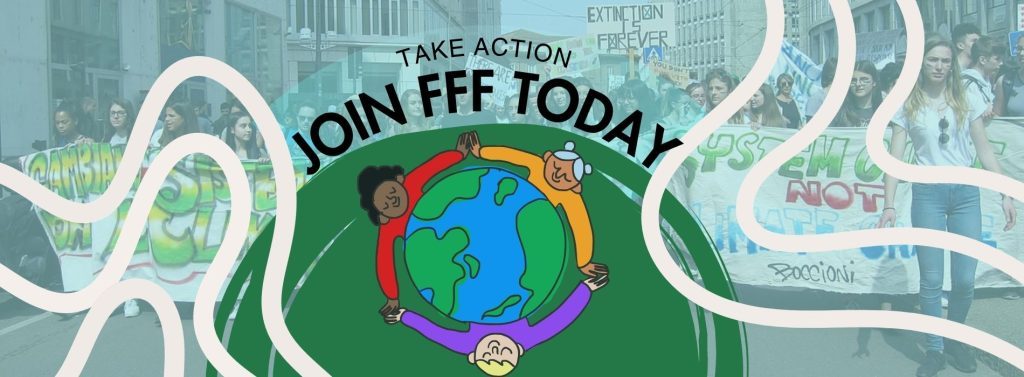 Image with animated people surrounding our planet with love. In the background is a Fridays for Future march in Italy.